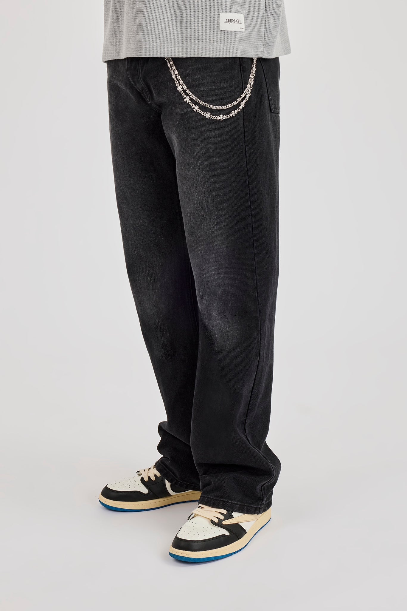 Mens Relaxed Jean & 10mm Polished Double Layer Cross Motif Jean Chain - Washed Black