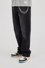 Mens Relaxed Jean & 10mm Polished Double Layer Cross Motif Jean Chain - Washed Black