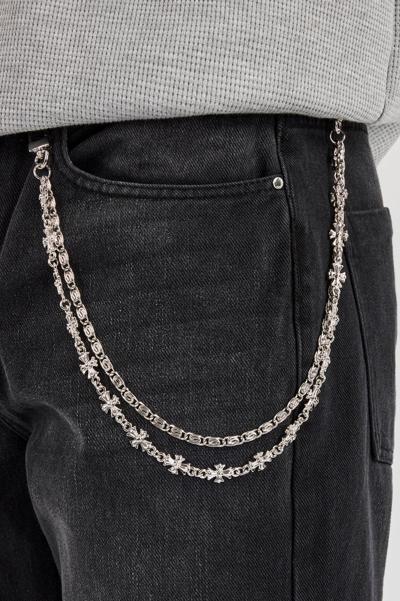 Mens Relaxed Jean & 10mm Polished Double Layer Cross Motif Jean Chain - Washed Black
