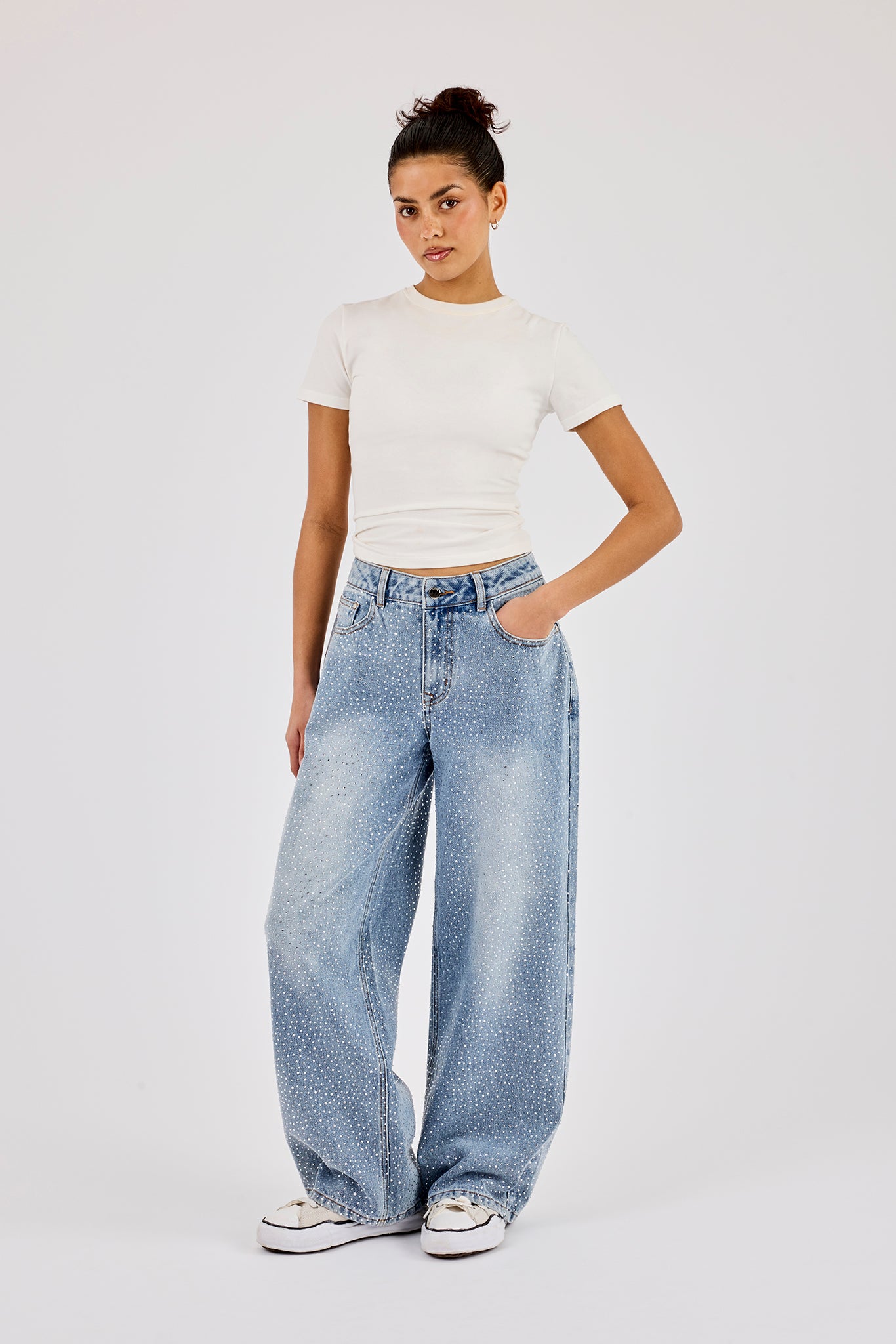 Rhinestone Baggy Low Rise Jean - Light Blue
