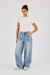 Rhinestone Baggy Low Rise Jean - Light Blue