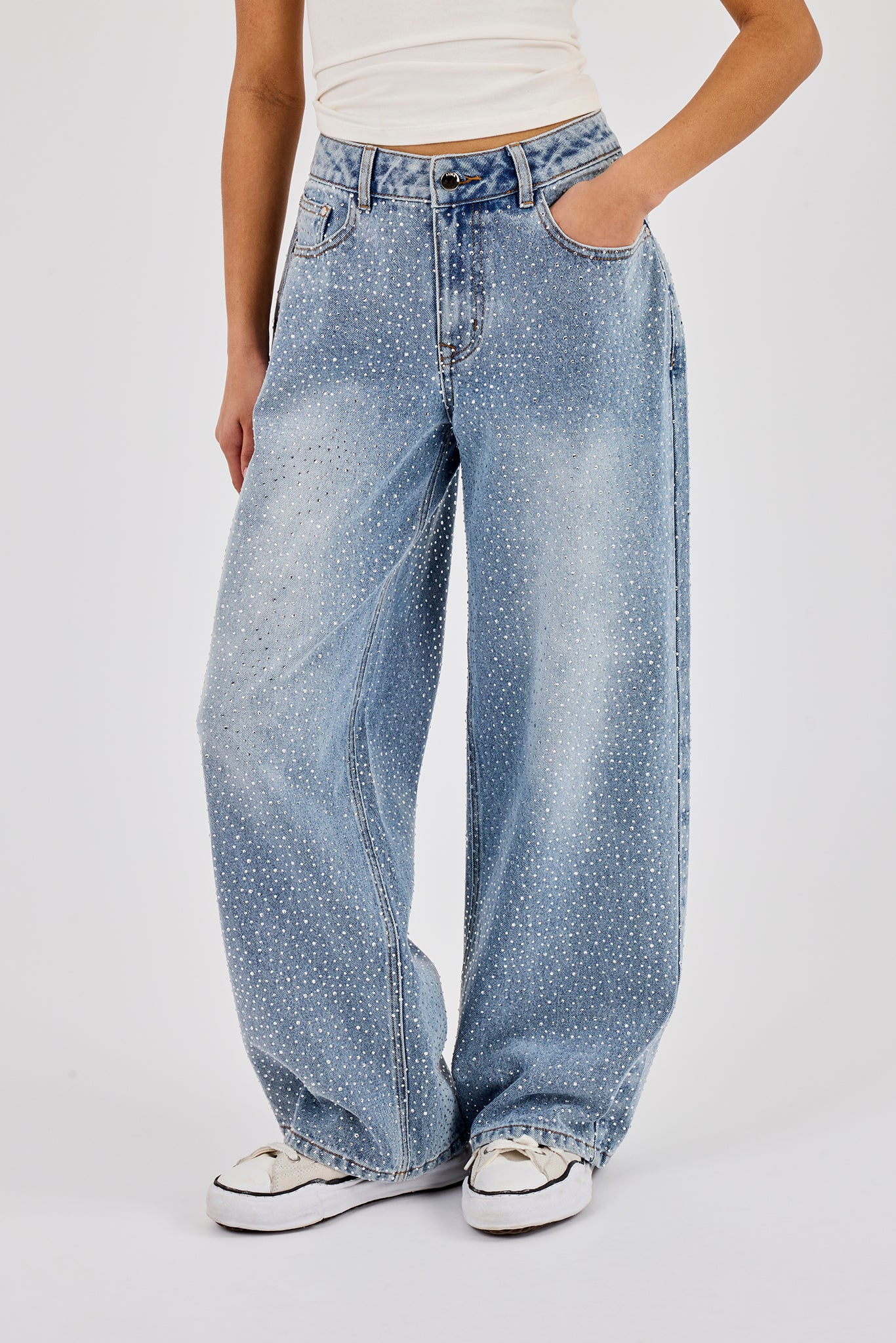 Rhinestone Baggy Low Rise Jean - Light Blue