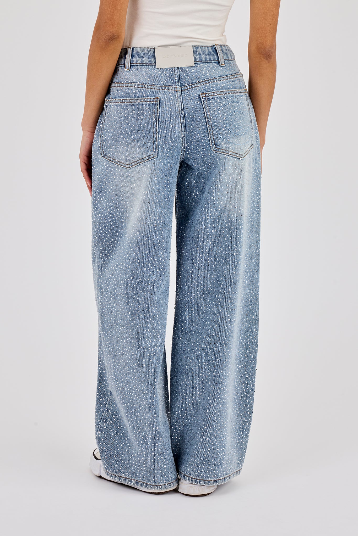 Rhinestone Baggy Low Rise Jean - Light Blue