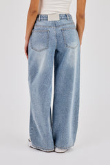 Rhinestone Baggy Low Rise Jean - Light Blue