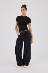 Rhinestone Baggy Low Rise Jean - Washed Black