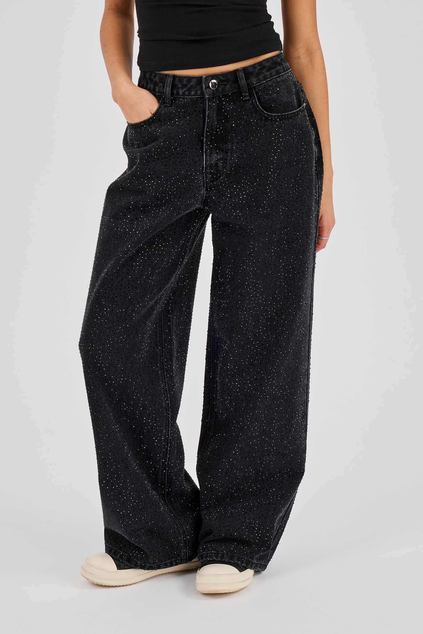 Rhinestone Baggy Low Rise Jean - Washed Black