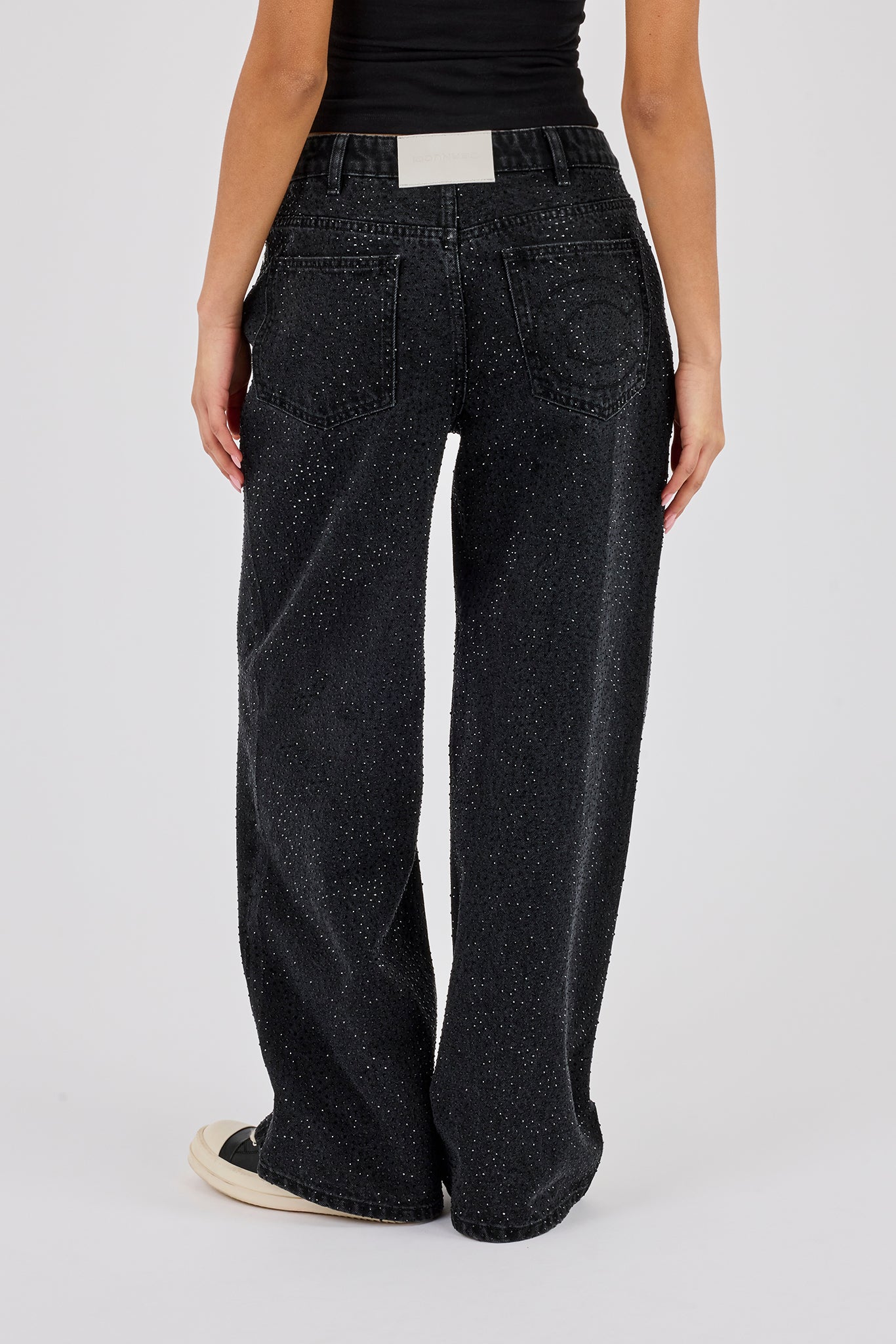 Rhinestone Baggy Low Rise Jean - Washed Black