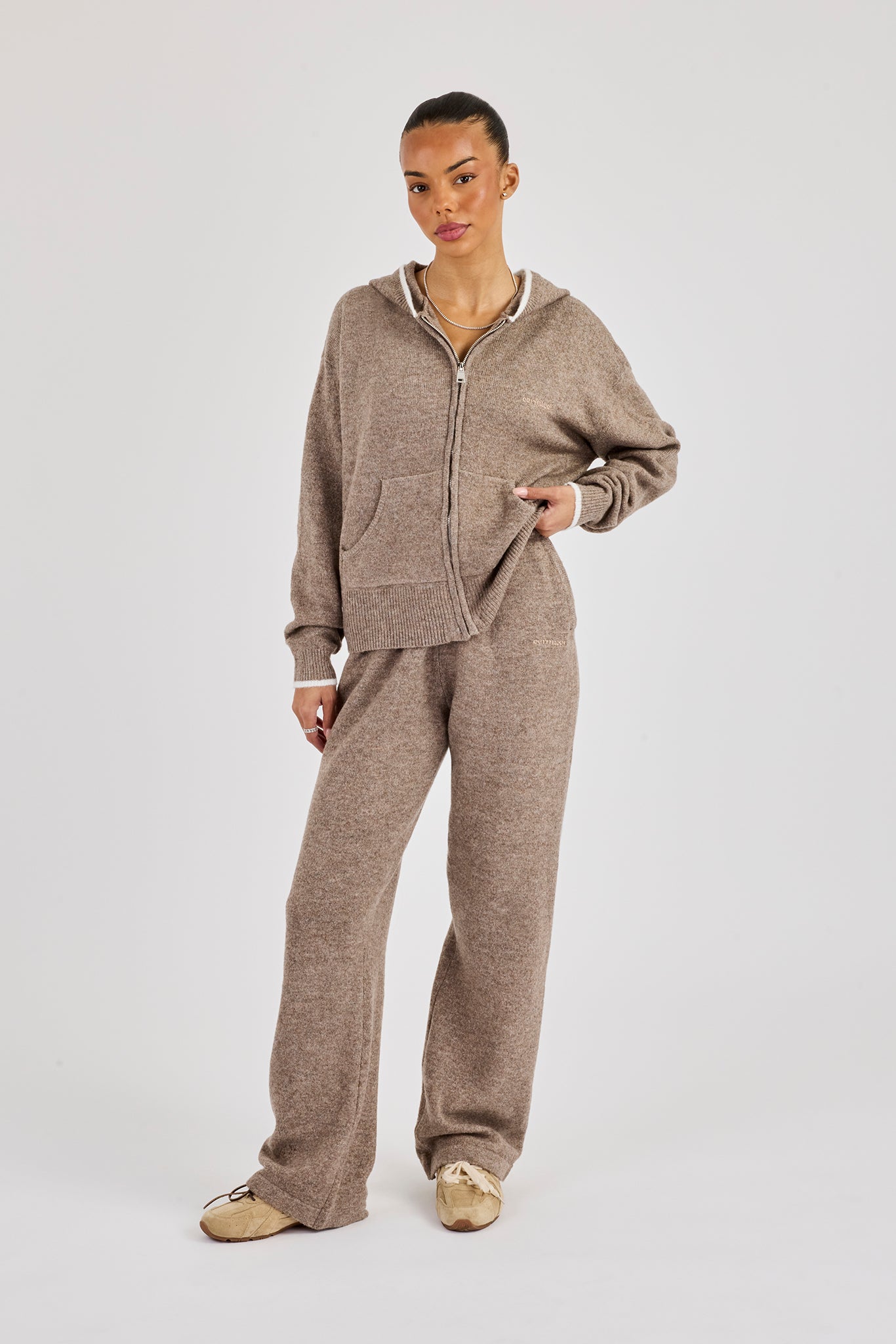 Knitted Zip Through & Jogger With Contrast Tipping - Taupe
