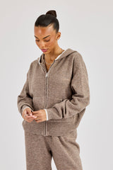 Knitted Zip Through Hoodie With Contrast Tipping - Taupe