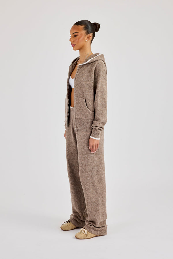 Knitted Zip Through & Jogger With Contrast Tipping - Taupe