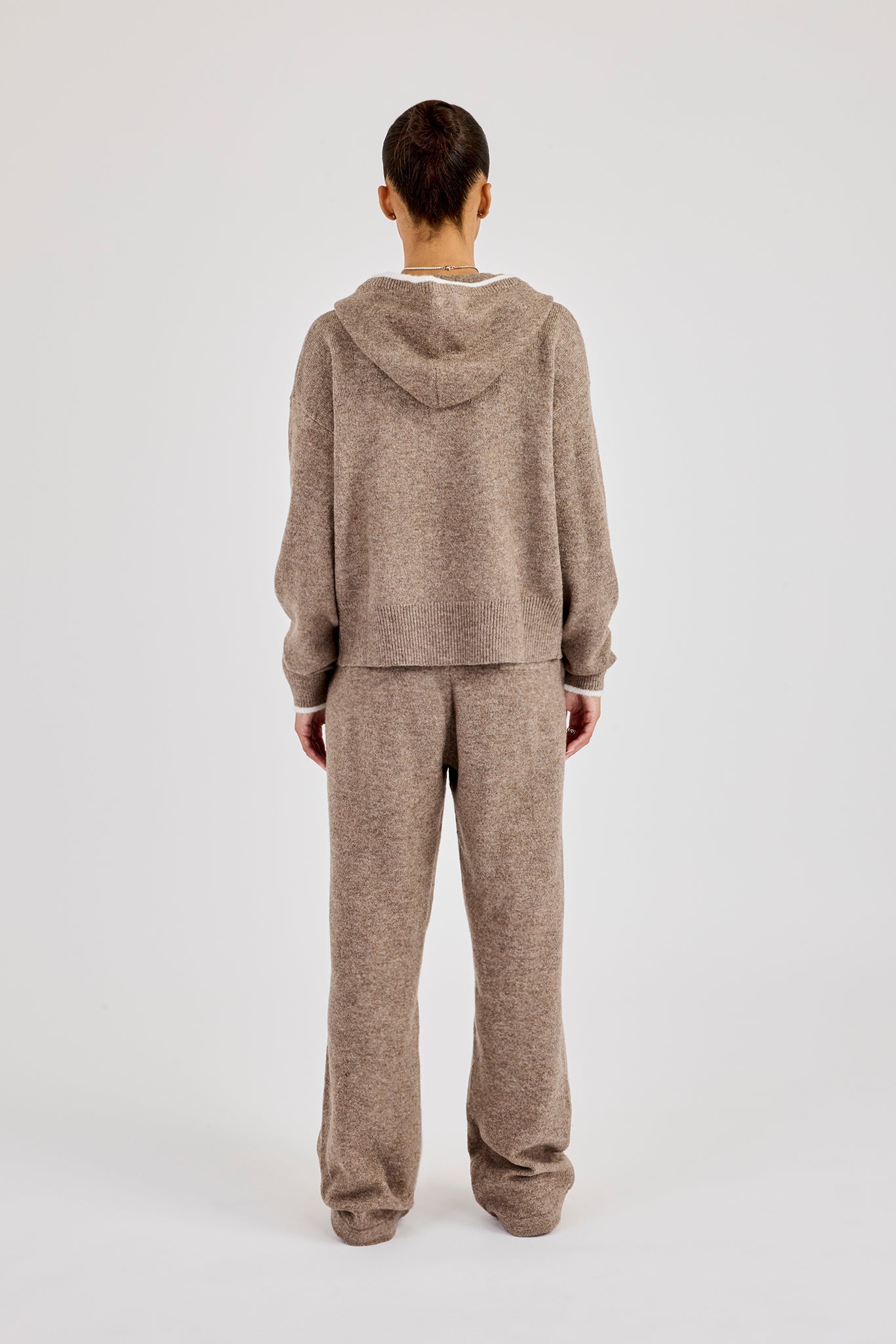 Knitted Zip Through & Jogger With Contrast Tipping - Taupe