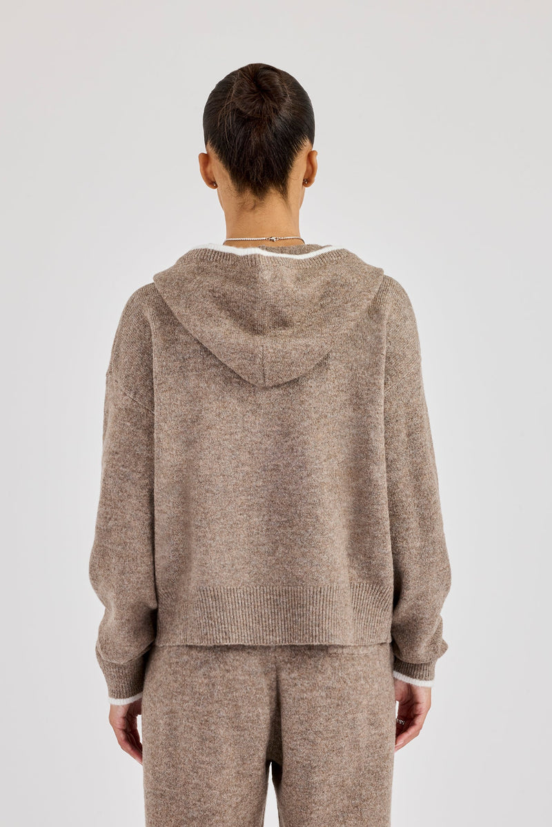 Knitted Zip Through Hoodie With Contrast Tipping - Taupe