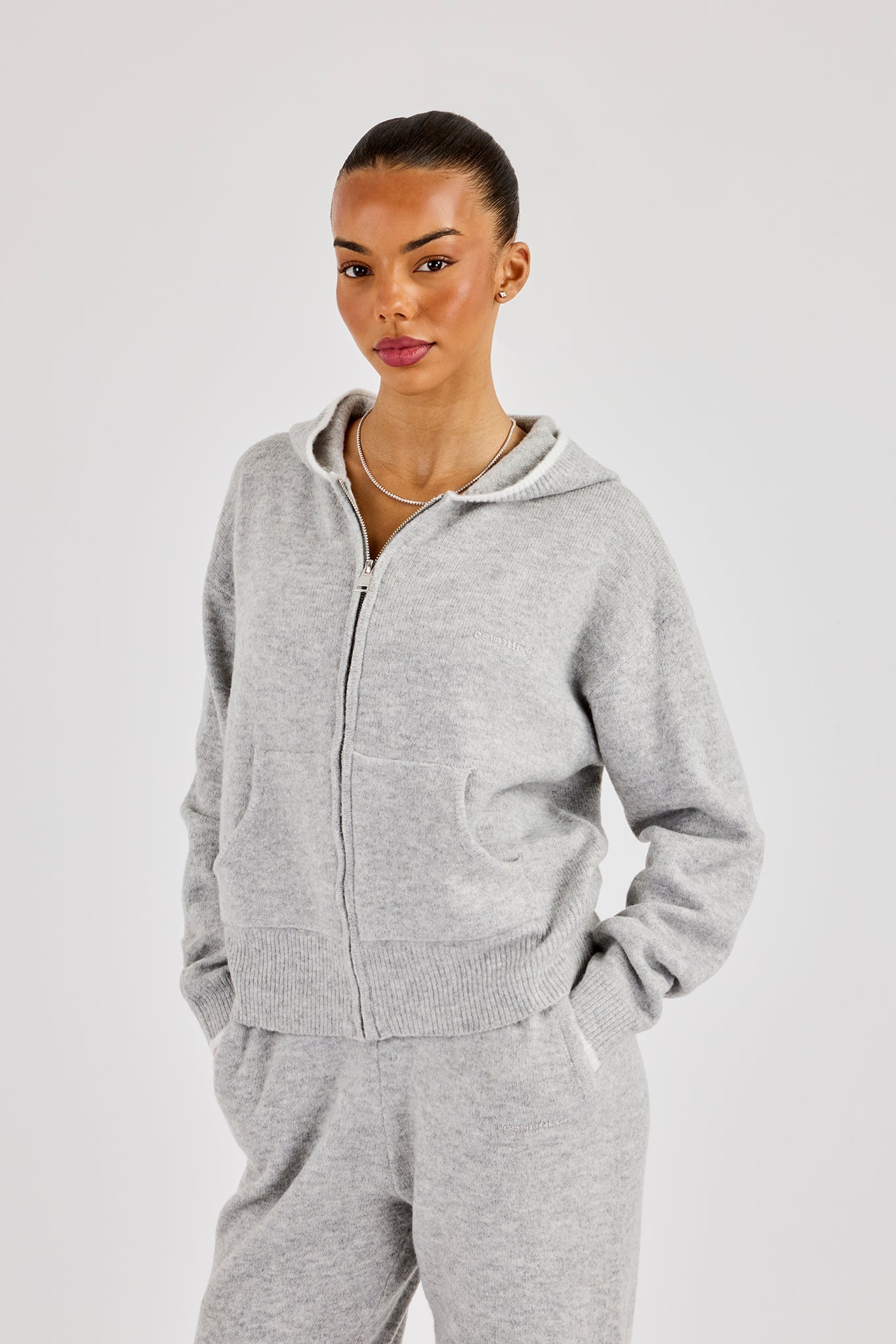 Knitted Zip Through Hoodie With Contrast Tipping - Grey