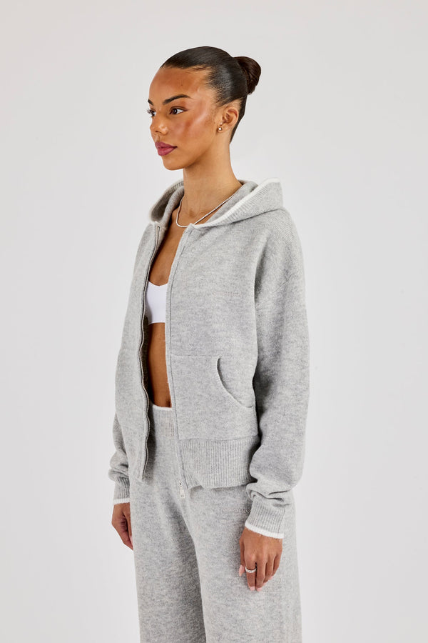 Knitted Zip Through Hoodie With Contrast Tipping - Grey