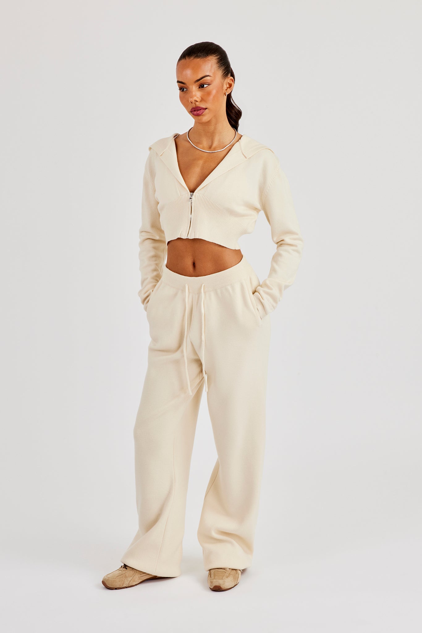 Cropped Knit Zip Hoodie & Jogger - Cream