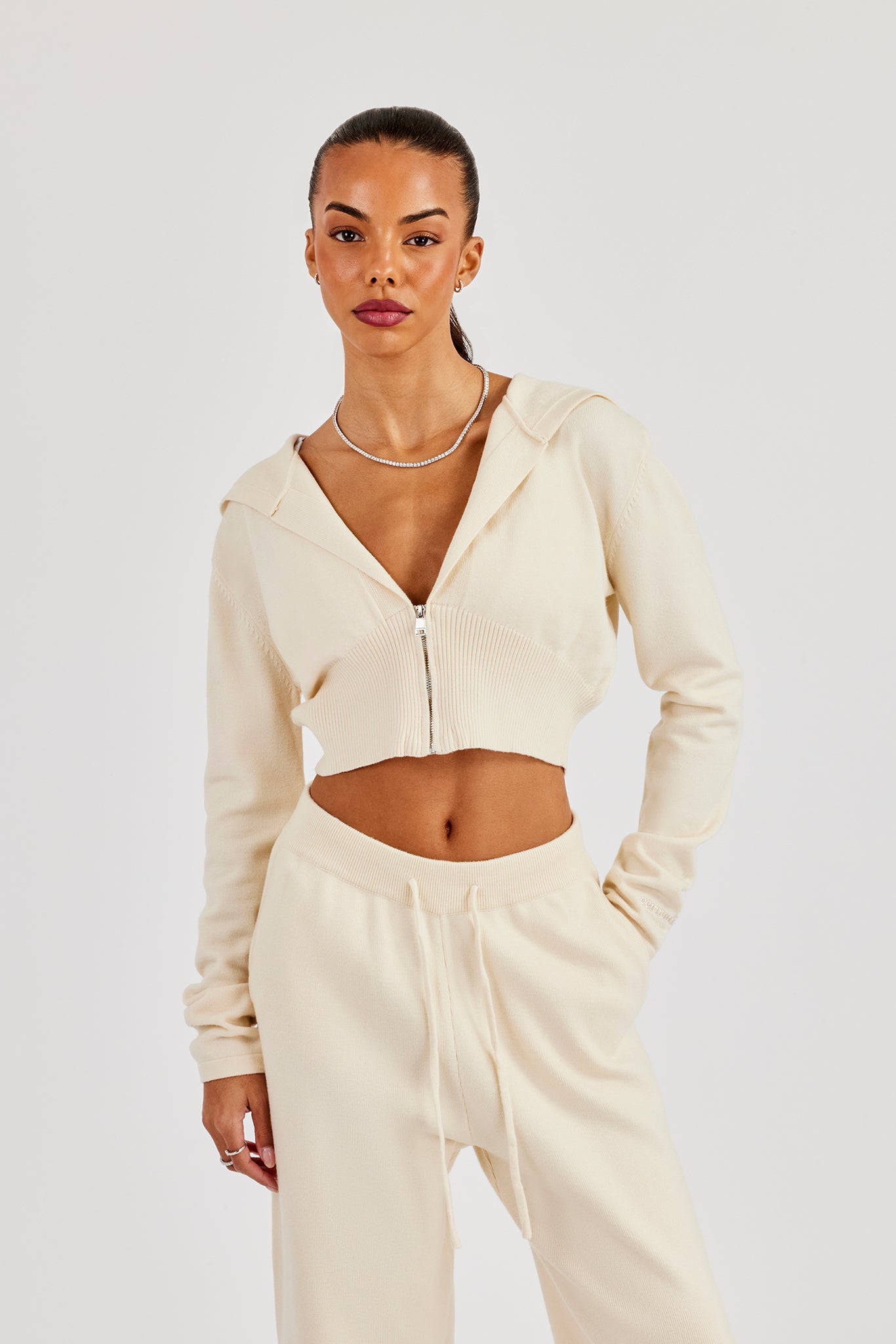 Cropped Knit Zip Hoodie - Cream