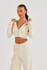 Cropped Knit Zip Hoodie - Cream