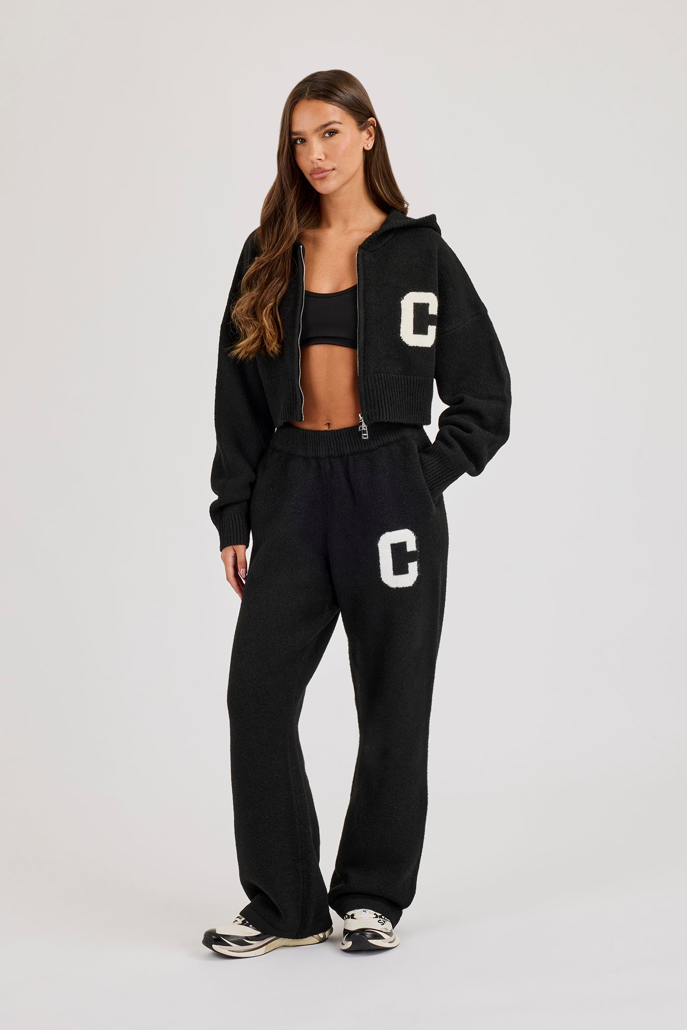 C Intarsia Cropped Zip Through Hoodie & Jogger - Black