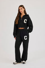 C Intarsia Cropped Zip Through Hoodie & Jogger - Black