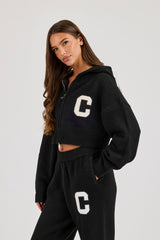 C Intarsia Cropped Zip Through Hoodie - Black