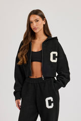 C Intarsia Cropped Zip Through Hoodie - Black