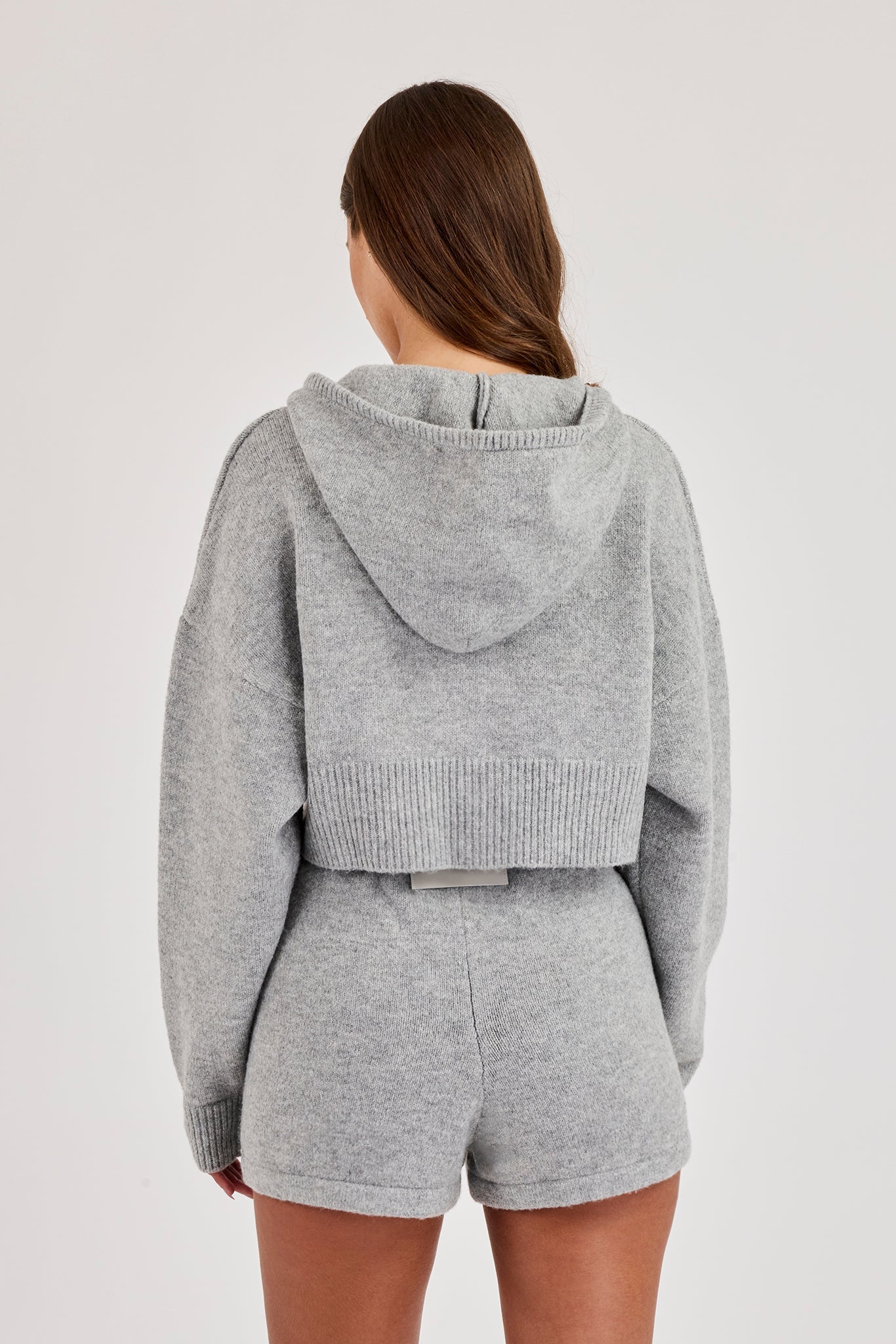 C Intarsia Cropped Zip Through Knitted Hoodie & Knitted C Short – Grey