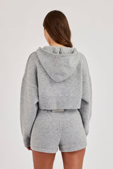 C Intarsia Cropped Zip Through Knitted Hoodie & Knitted C Short – Grey