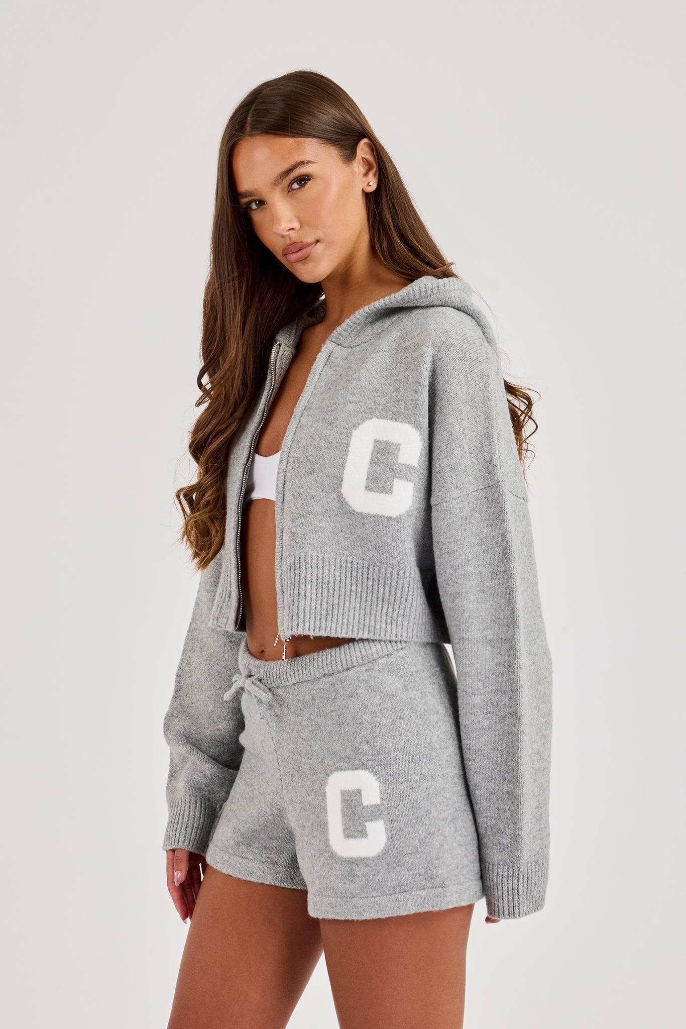 C Intarsia Cropped Zip Through Knitted Hoodie & Knitted C Short – Grey