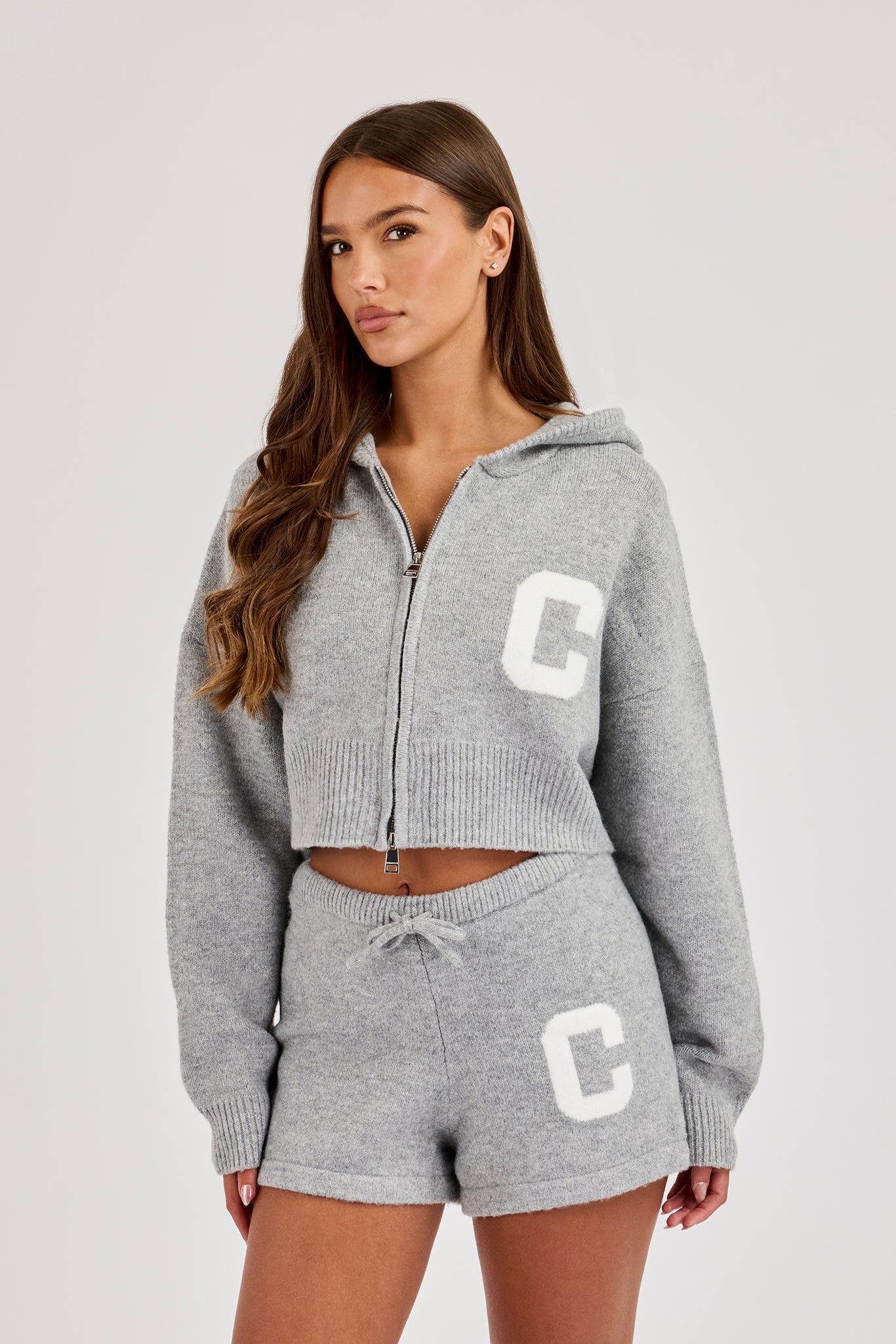 C Intarsia Cropped Zip Through Knitted Hoodie & Knitted C Short – Grey