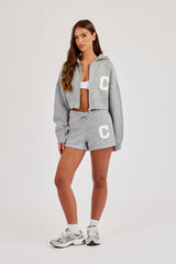 C Intarsia Cropped Zip Through Knitted Hoodie & Knitted C Short – Grey