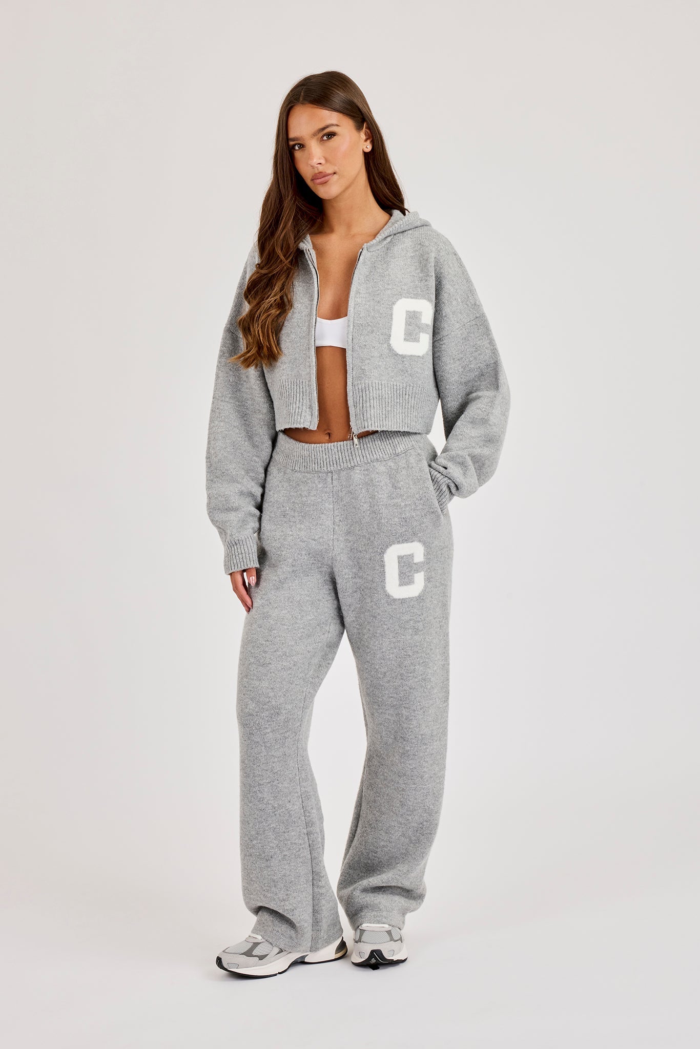 C Intarsia Cropped Zip Through Hoodie & Jogger – Grey
