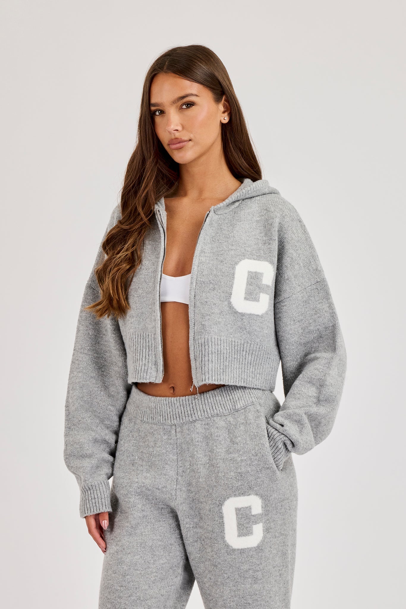 C Intarsia Cropped Zip Through Knitted Hoodie - Grey