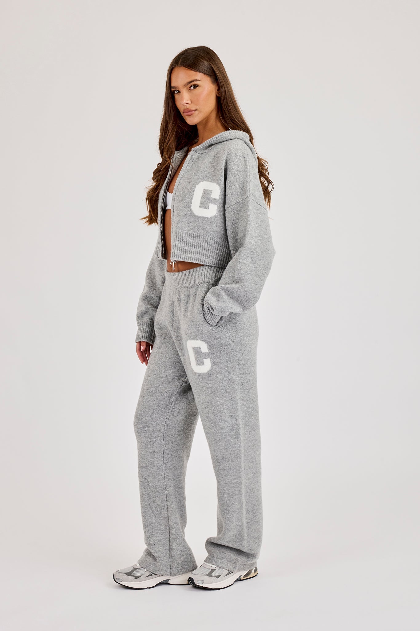 C Intarsia Cropped Zip Through Hoodie & Jogger – Grey