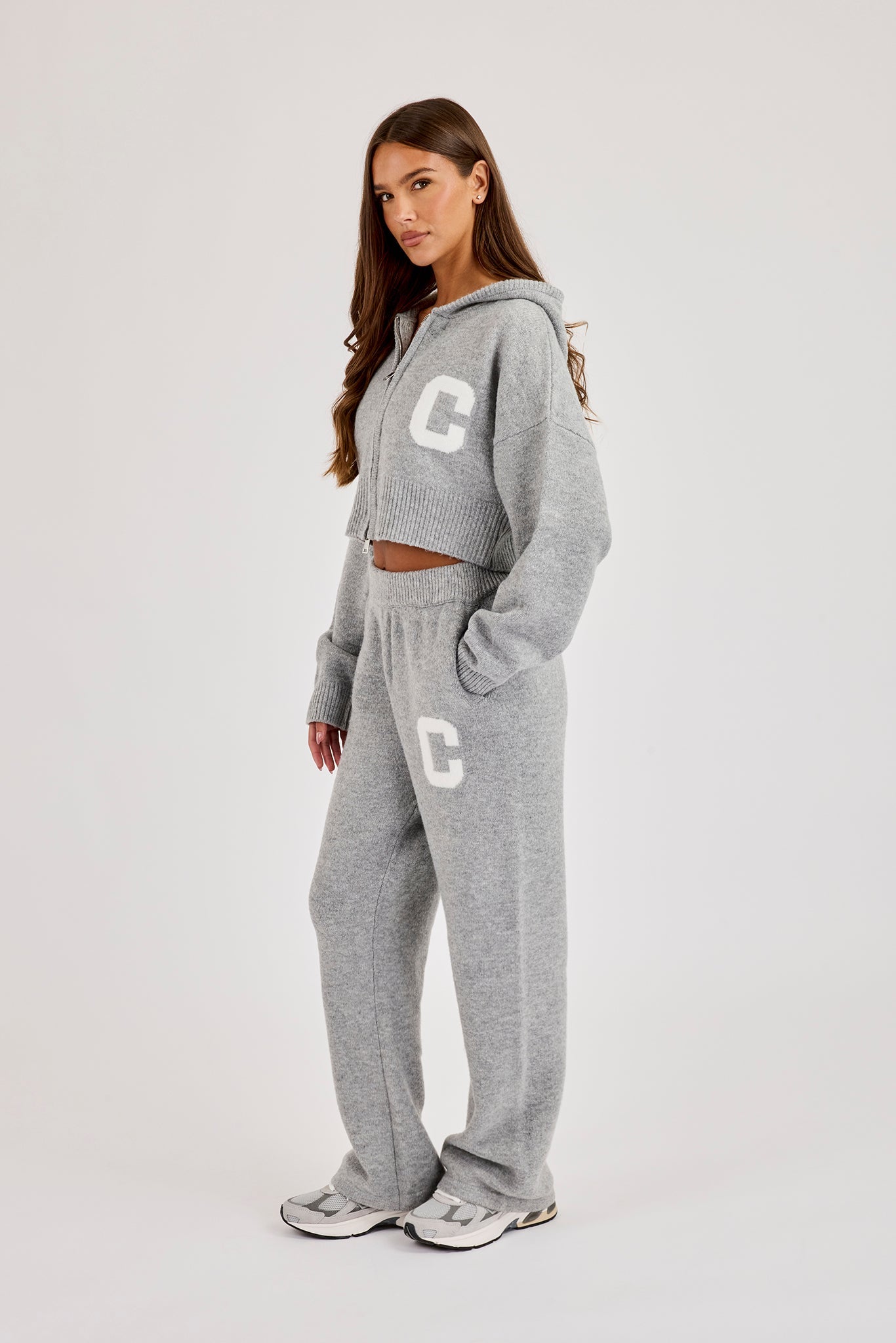 C Intarsia Cropped Zip Through Hoodie & Jogger – Grey