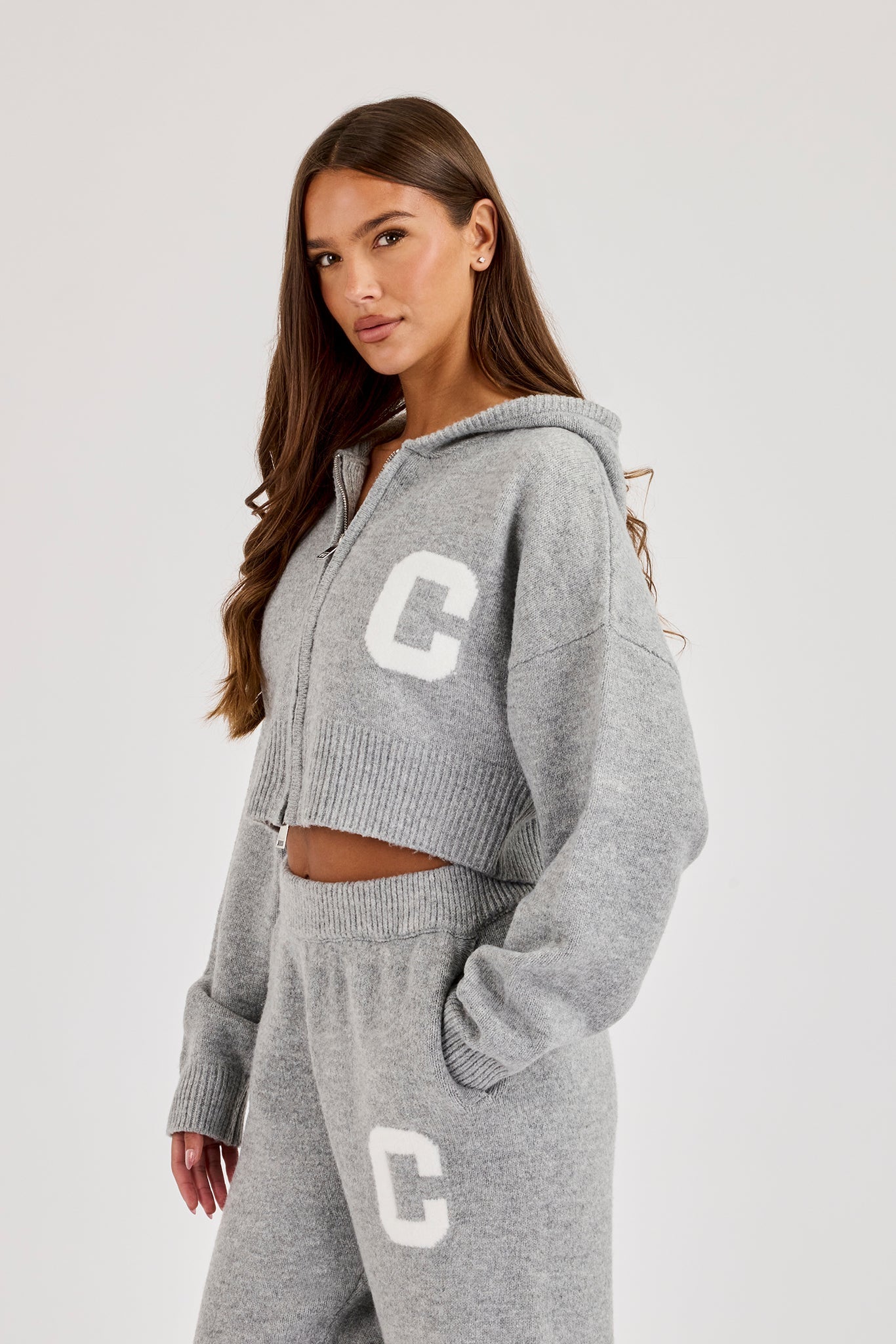 C Intarsia Cropped Zip Through Knitted Hoodie - Grey