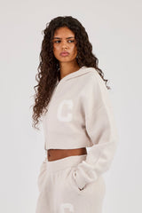 C Intarsia Cropped Zip Through Hoodie - Oatmeal