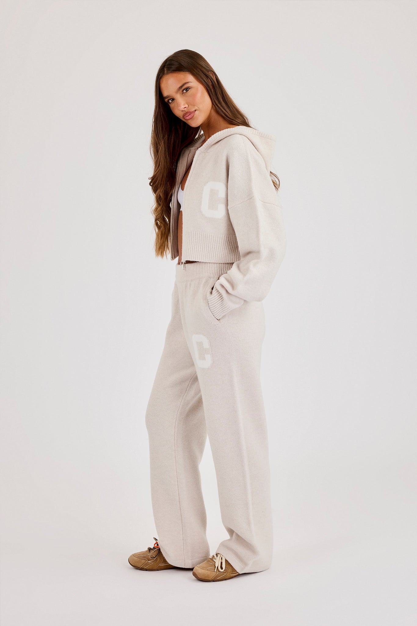 C Intarsia Cropped Zip Through Hoodie & Wide Leg Jogger - Oatmeal
