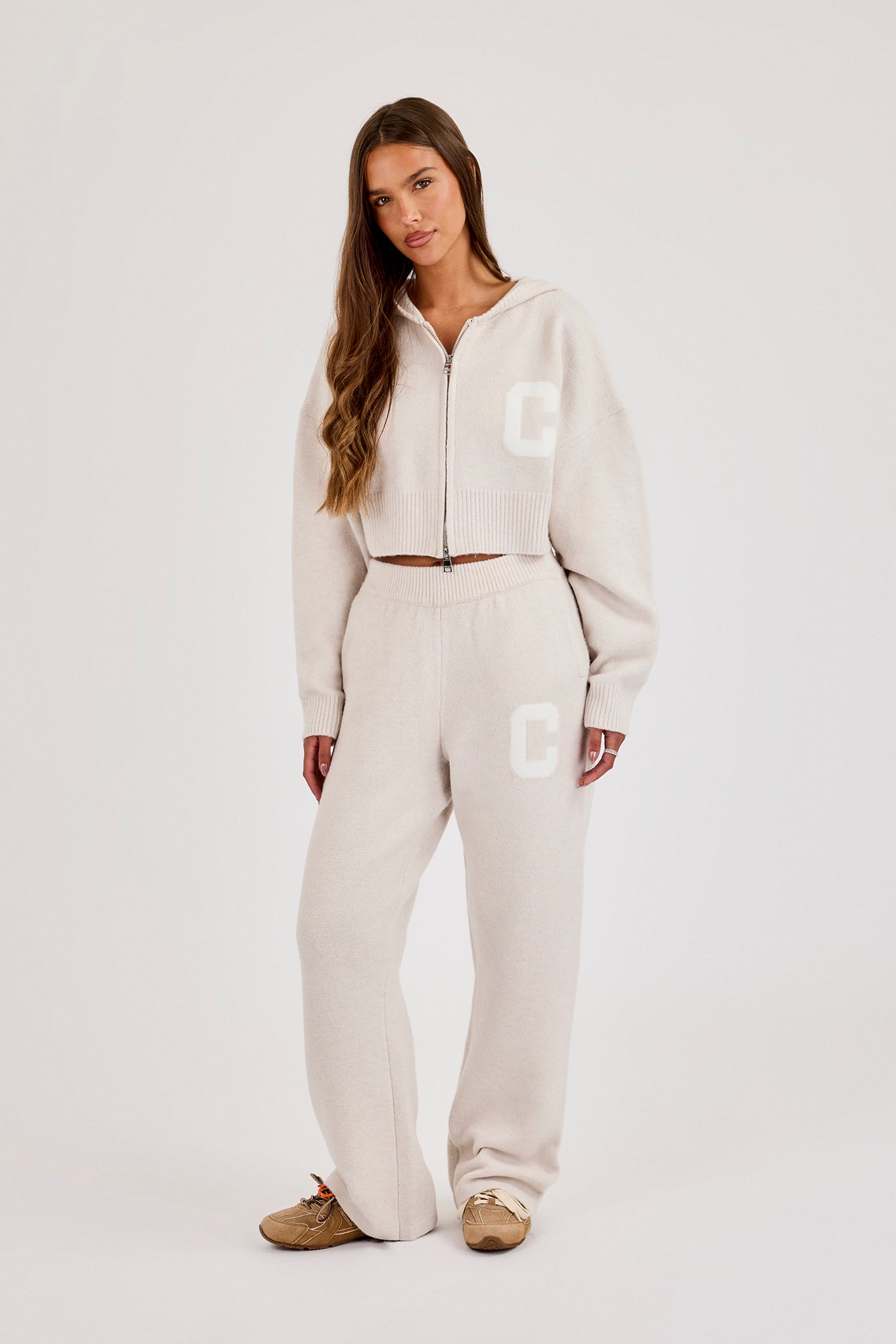 C Intarsia Cropped Zip Through Hoodie & Wide Leg Jogger - Oatmeal
