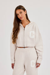 C Intarsia Cropped Zip Through Hoodie - Oatmeal