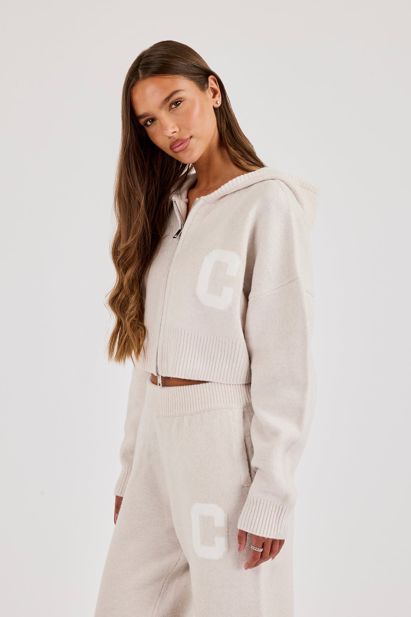 C Intarsia Cropped Zip Through Hoodie - Oatmeal