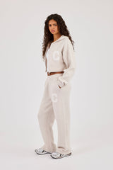 C Intarsia Cropped Zip Through Hoodie & Wide Leg Jogger - Oatmeal