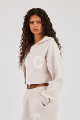 C Intarsia Cropped Zip Through Hoodie - Oatmeal