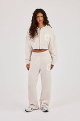 C Intarsia Cropped Zip Through Hoodie & Wide Leg Jogger - Oatmeal