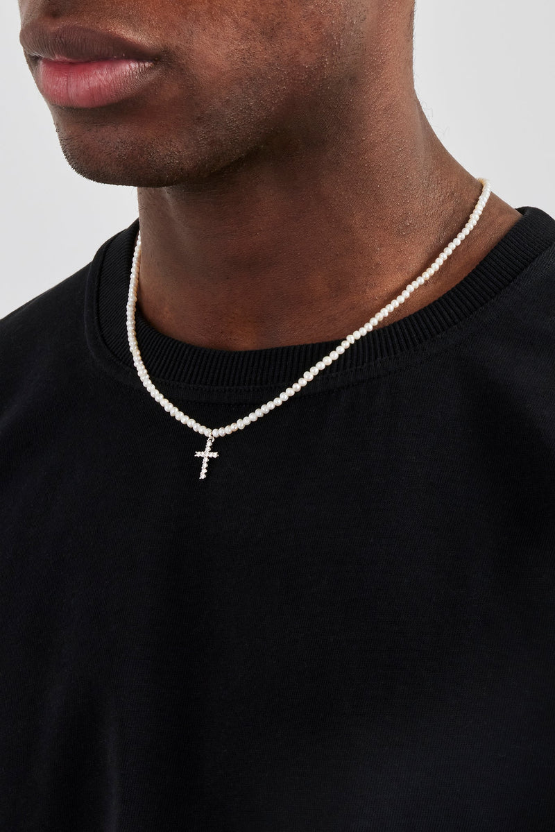 Iced Cross Pendant Freshwater Pearl Necklace - 15mm