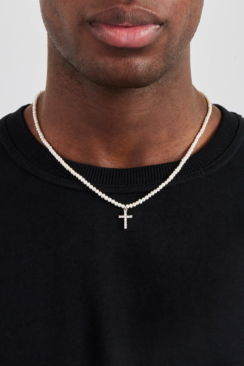 Iced Cross Pendant Freshwater Pearl Necklace - 15mm