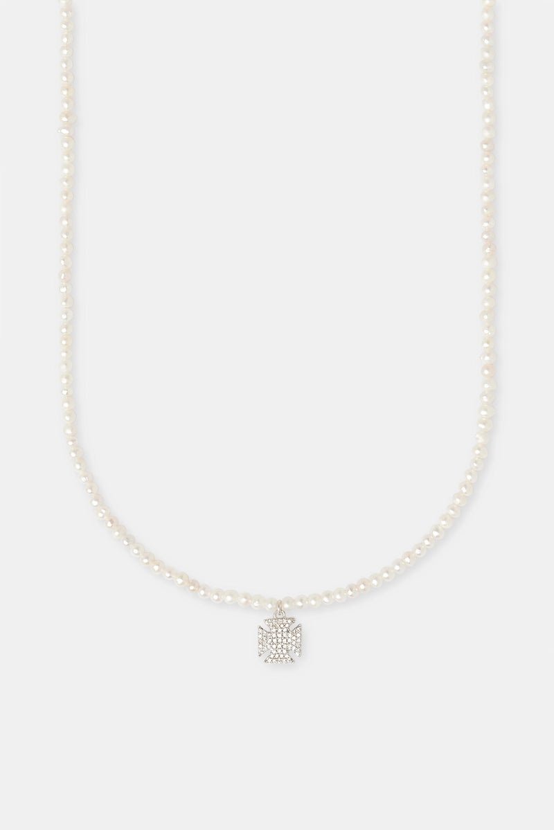 Iced Cross Motif Freshwater Pearl Necklace - 10mm