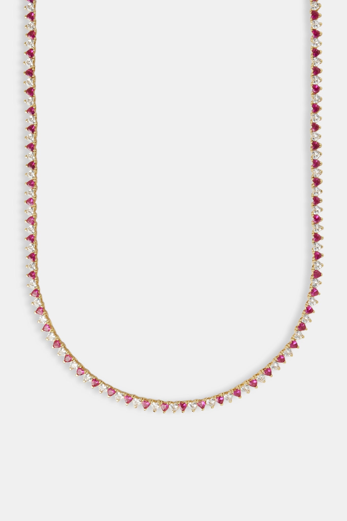 Deep Pink & Clear Heart Tennis Chain - 3mm - Gold
