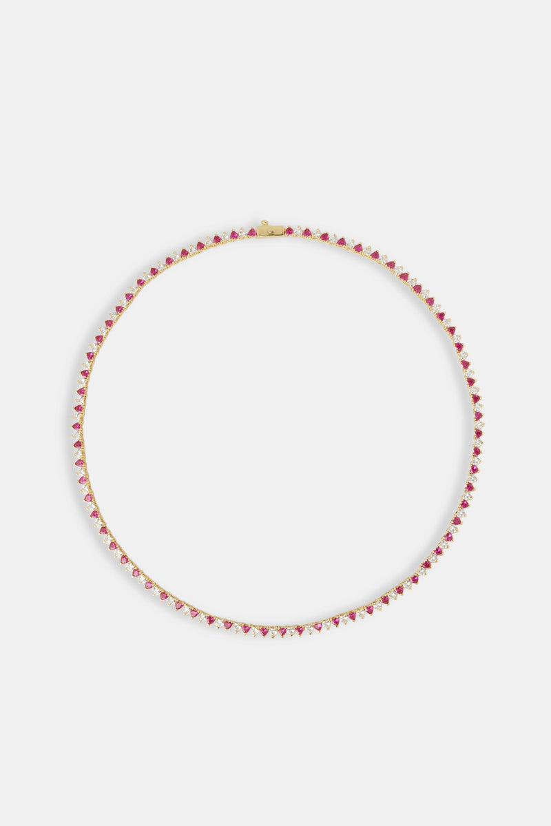 Deep Pink & Clear Heart Tennis Chain - 3mm - Gold