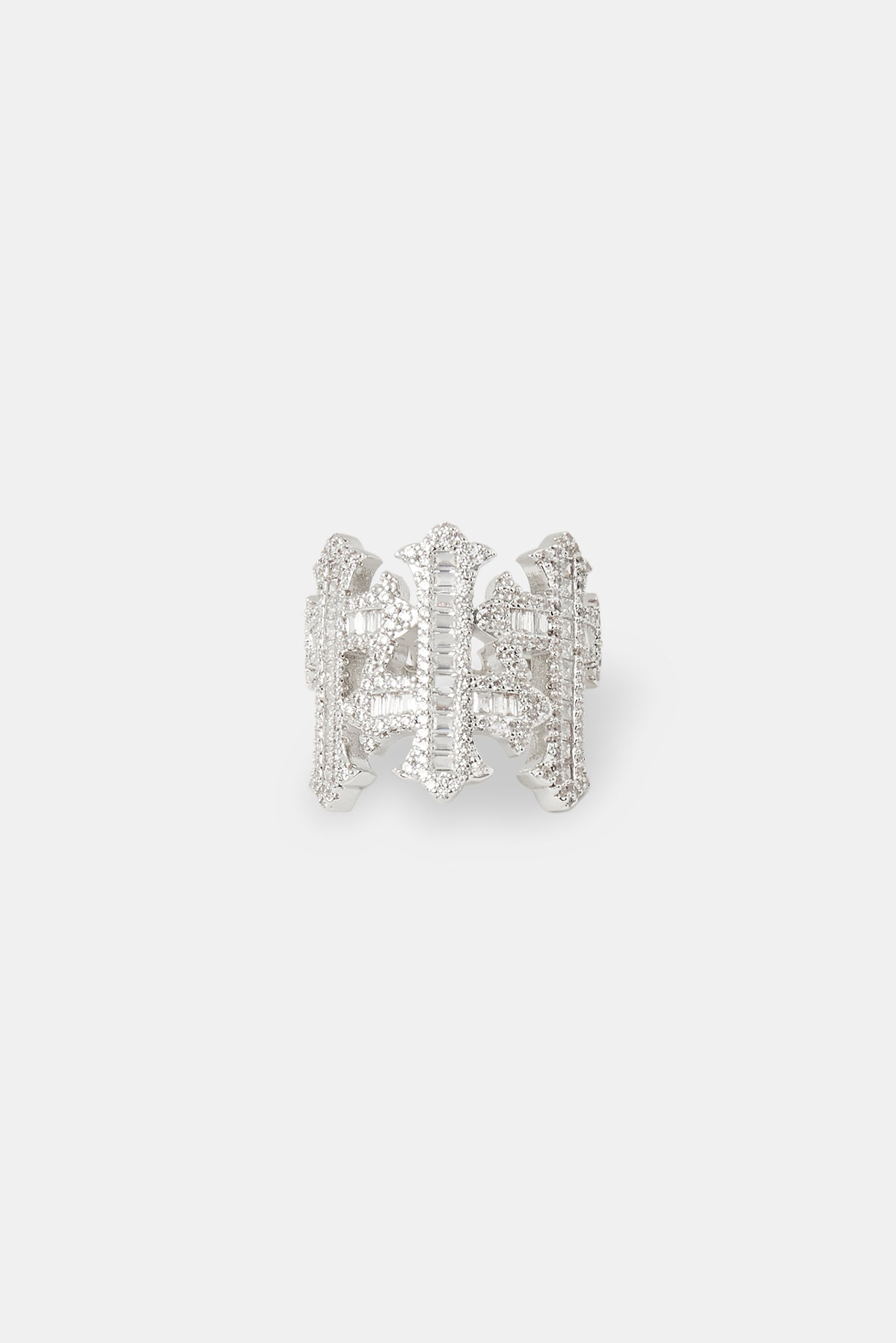Iced Baguette Cross Motif Ring - White