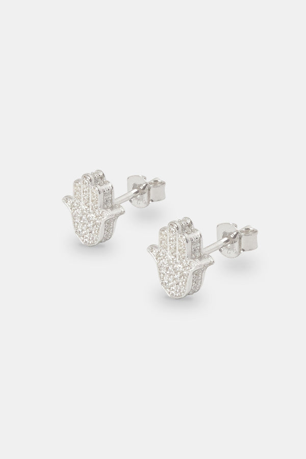 10mm Iced Hamsa Hand Stud Earrings - White